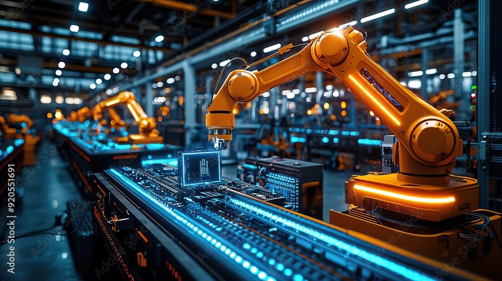 Automated factory with glowing orange and blue robotic arms assembling electronics, side view Represents precision manufacturing Futuristic tone Splitcomplementary color scheme Automated factory with glowing orange and blue robotic arms assembling electronics, side view Represents precision manufacturing Futuristic tone Splitcomplementary color scheme