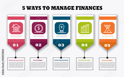 The infographic template presents five options or steps to manage finances in a colorful style for business and financial purposes