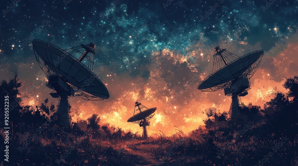 Satellite Dishes Under Starry Sky Satellite Dishes Under Starry Sky