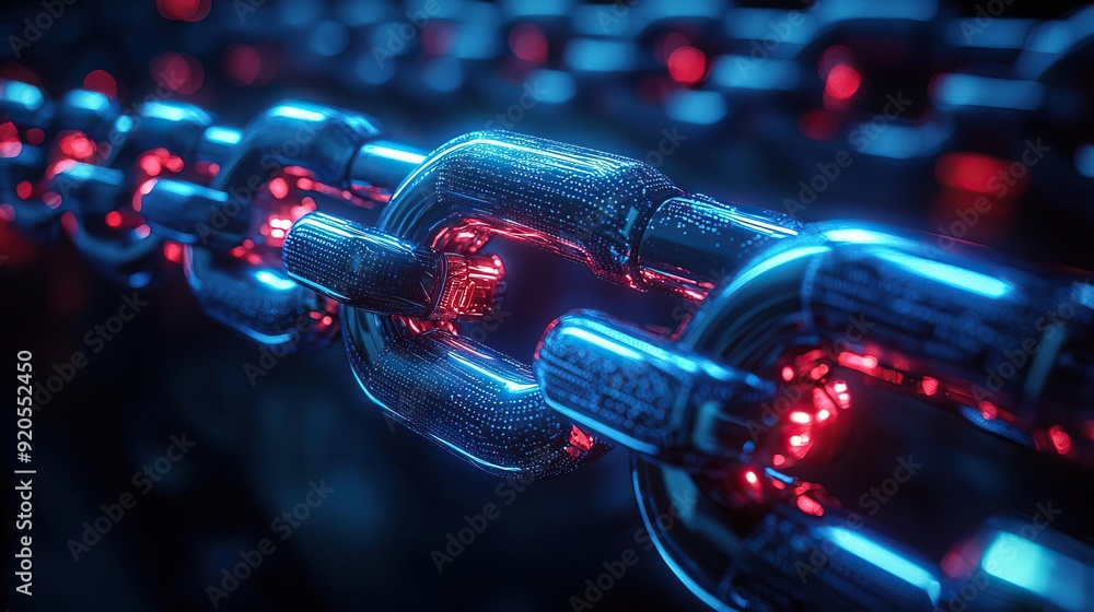 Bright blue and red glowing chain links, connected in a dark environment, side view Symbolizes unbreakable blockchain connections Futuristic tone Monochromatic Color Scheme Bright blue and red glowing chain links, connected in a dark environment, side view Symbolizes unbreakable blockchain connections Futuristic tone Monochromatic Color Scheme