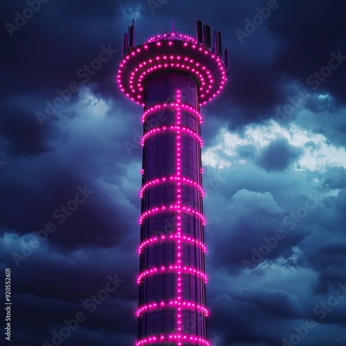 Bright pink lights outlining a towering communication structure