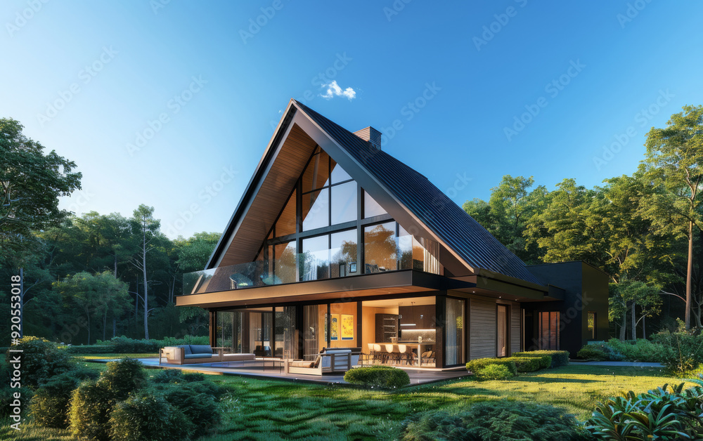 A frame house with panoramic windows in the form of a trapezoidal roof. Modern design made of natural wood and dark metal. A frame house with panoramic windows in the form of a trapezoidal roof. Modern design made of natural wood and dark metal.