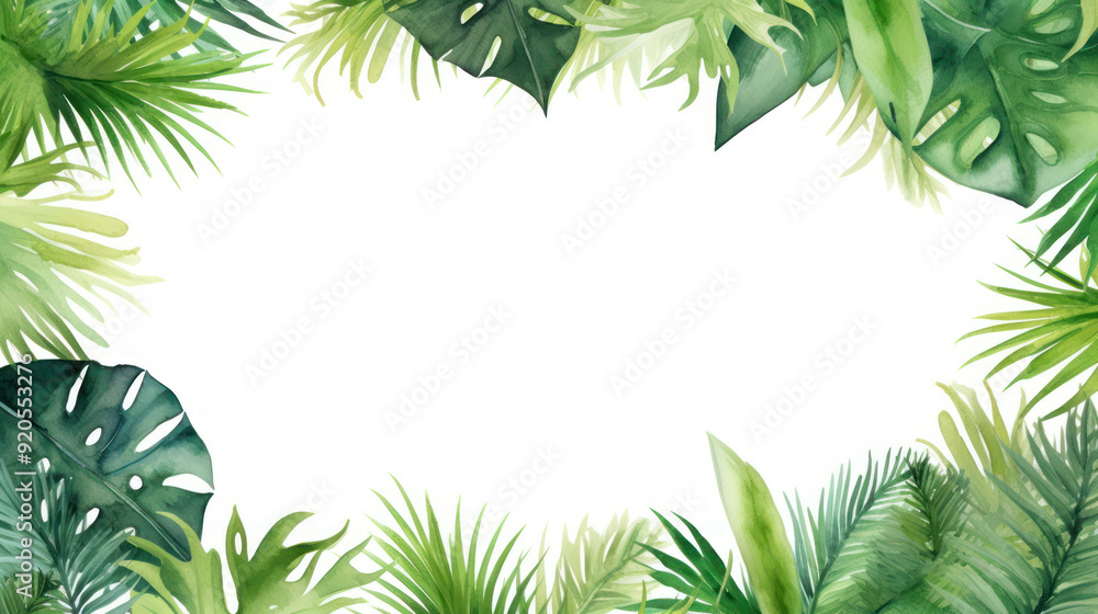 Frame leaves background with empty space. Variety of green tropical leaves, frame effect. The center of the image is blank, a clean whitespace. Tropical aesthetic. Foliage wallpaper. Frame leaves background with empty space. Variety of green tropical leaves, frame effect. The center of the image is blank, a clean whitespace. Tropical aesthetic. Foliage wallpaper.