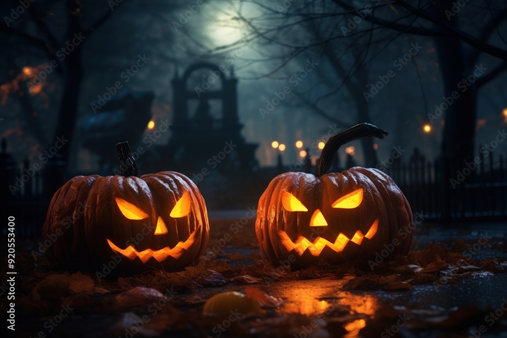 Two pumpkins with scary faces are lit up in the dark Two pumpkins with scary faces are lit up in the dark