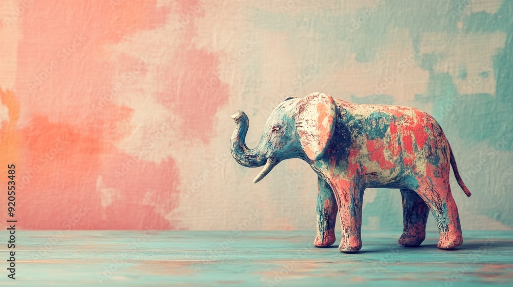 Obraz premium A colorful wooden elephant figurine stands on a blue wooden table with a blurred peach and turquoise background.