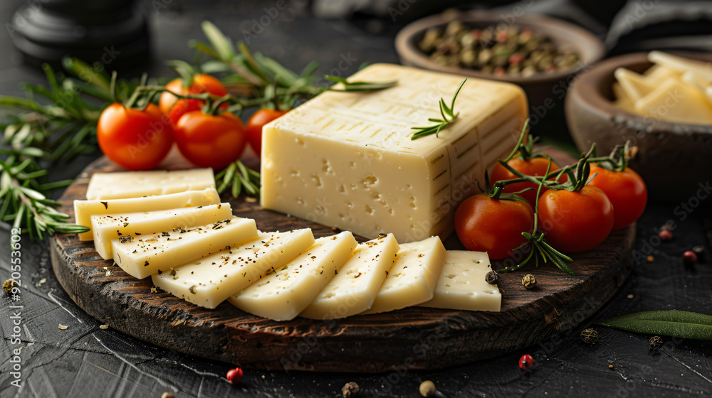Cheese sliced on the board with tomatoes Cheese sliced on the board with tomatoes