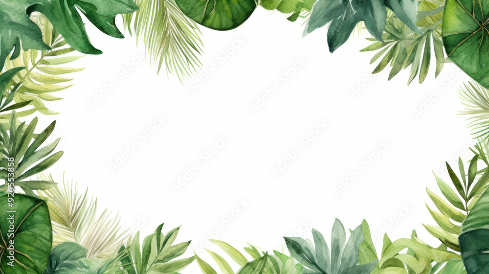 Naklejka premium Frame leaves background with empty space. Variety of green tropical leaves, frame effect. The center of the image is blank, a clean whitespace. Tropical aesthetic. Foliage wallpaper.