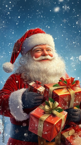 Cheerful Santa Claus Holding Christmas Gifts Amidst Festive Holiday Cheer and Winter Wonderland