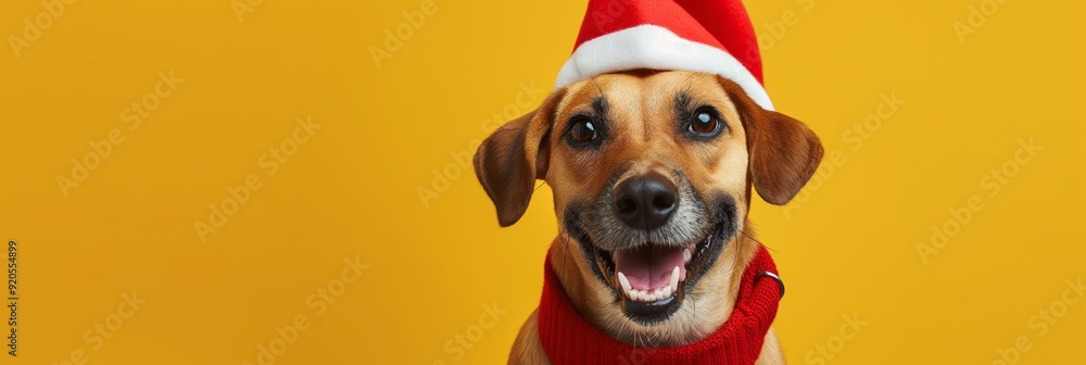 A dog dressed in a red outfit on a yellow background, exuding cheerfulness and warmth, with its upright ears and friendly demeanor. A dog dressed in a red outfit on a yellow background, exuding cheerfulness and warmth, with its upright ears and friendly demeanor.