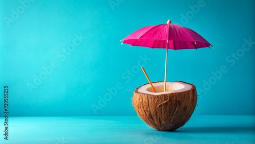Wallpaper Mural Vibrant blue background highlights a refreshing coconut with a bright pink umbrella, evoking carefree summer vibes and tropical getaways. Torontodigital.ca