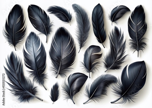 Exquisite black feathers in various shapes and sizes set against a crisp white background, perfect for design elements, icons, and isolated illustrations.