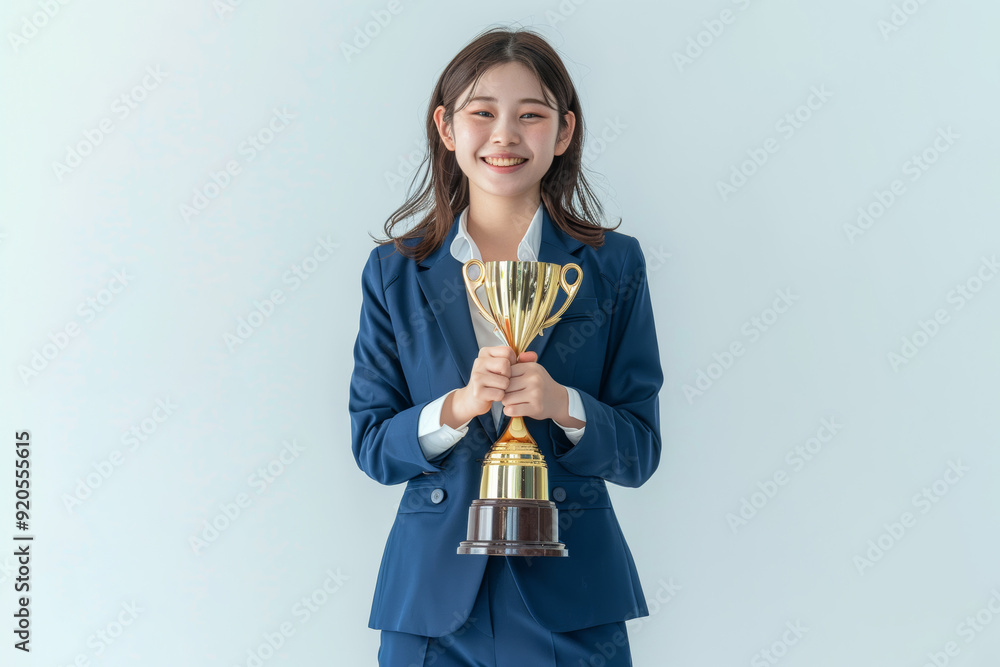 Adorned in stylish blue business attire, a jubilant Japanese girl beams with joy as she proudly holds a gold trophy against a white background. Adorned in stylish blue business attire, a jubilant Japanese girl beams with joy as she proudly holds a gold trophy against a white background.