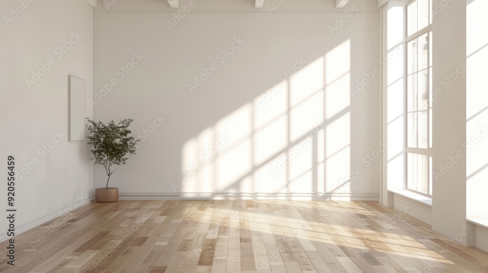 An empty room with natural light, featuring a wooden floor, white walls, and a single potted plant An empty room with natural light, featuring a wooden floor, white walls, and a single potted plant