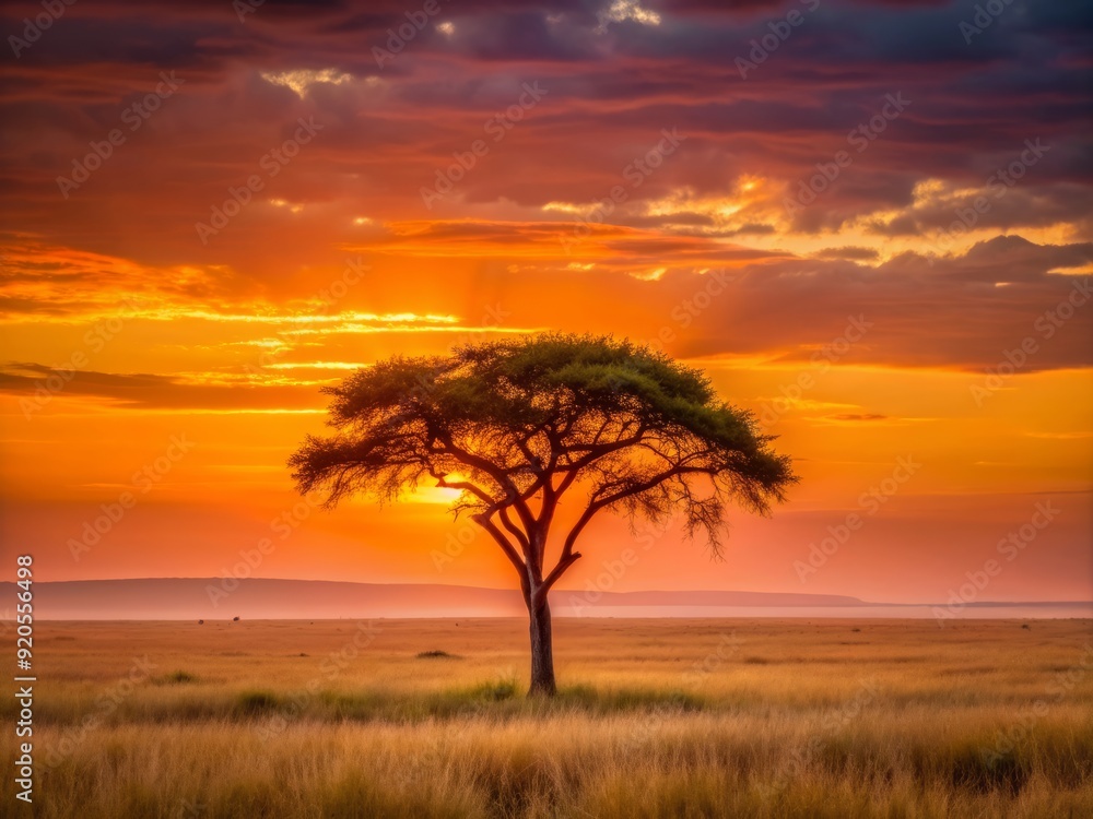 Fototapeta premium Serene pastel orange dawn sky illuminates a lone tree's silhouette against a vibrant afterglow in a tranquil grassland field of the African savannah at dusk.