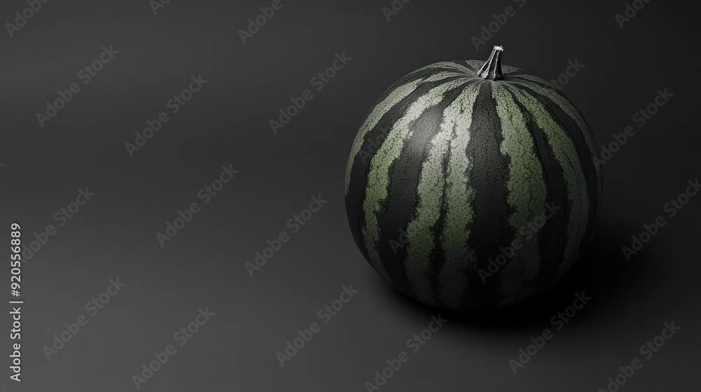 A single, whole watermelon sits on a dark grey surface, illuminated from the right. A single, whole watermelon sits on a dark grey surface, illuminated from the right.
