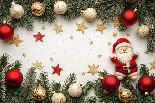 Christmas composition frame made of christmas tree branch ,centa, balls and decorations on white wooden background. photo