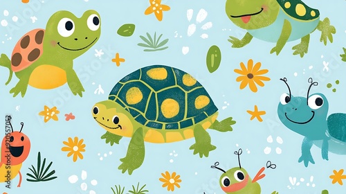 A cute cartoon illustration of a turtle, frogs and bugs on a blue background.