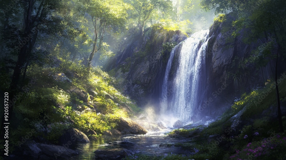 Deep in the heart of the forest, a waterfall cascades down a rocky cliff, its waters sparkling in the sunlight. Deep in the heart of the forest, a waterfall cascades down a rocky cliff, its waters sparkling in the sunlight.