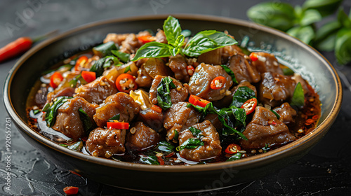 Thai spicy food on a wooden Bowl