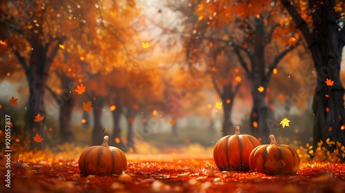 A halloween nature with pumpkins and autumn trees