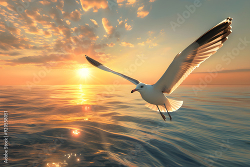 Majestic Seagull in Flight Over Ocean at Sunset, Embodying Grace and Freedom Amidst Golden Sky and Serene Waters