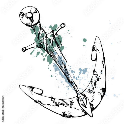 Ship anchor splash shipwreck with algae, Marine life, sea ocean underwater, Ink and pen sketch hand drawn. Single object illustration stylized, isolated on white. Zoo shop, aquarium, cosmetics, resort