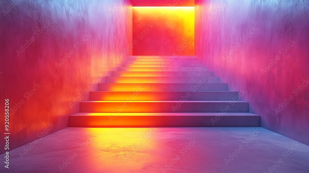 A staircase leading to a room with a bright orange light A staircase leading to a room with a bright orange light