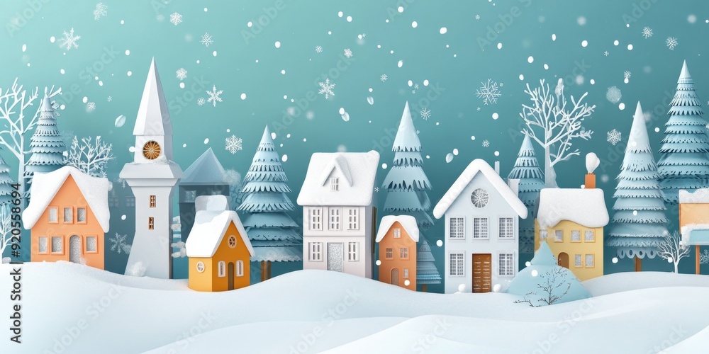 Fototapeta premium Enchanting Winter Village: Whimsical Paper Art Style Snowy Landscape. Magical Fairytale Scenery with Vibrant Blue Sky. Exquisite Digital Illustration for Creative Marketing, Children's Books, and Holi