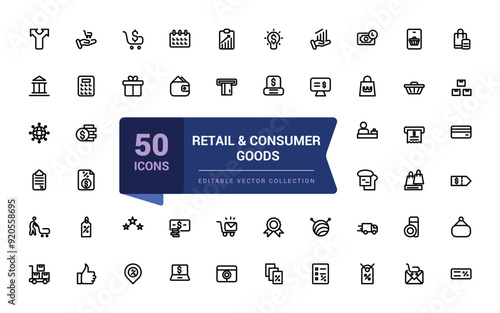 Retail and consumer goods icon set. Related to merchandise, retailers, industrial, goods. Pixel perfect, minimalistic web and UI icon, outline icon collections.