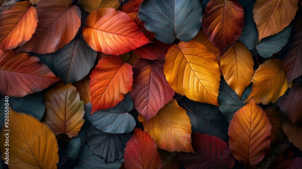 Colorful autumn leaves arranged in a vibrant display of red, orange, and yellow hues Colorful autumn leaves arranged in a vibrant display of red, orange, and yellow hues