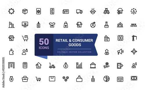 Retail and consumer goods icon set. Related to merchandise, retailers, industrial, goods. Pixel perfect, minimalistic web and UI icon, outline icon collections.