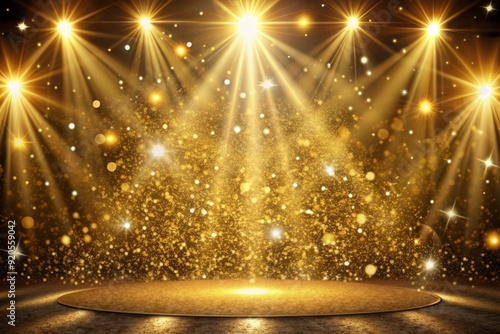 Luxurious golden stage background with scattered glitters and shimmering spotlights creates a dazzling atmosphere for glamorous events, award shows, and celebratory occasions.