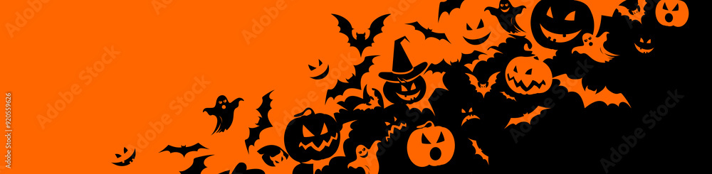 Fototapeta premium Halloween banner with black bats, pumpkins and ghosts on the orange background. Illustration with text. 
