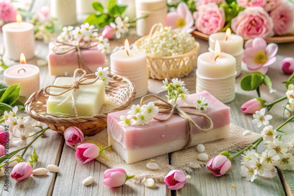 Delicate white and pink artisan soaps, unique souvenirs, and romantic decorations adorn a spring-inspired tablescape, perfect for weddings, baptisms, and communion celebrations. Delicate white and pink artisan soaps, unique souvenirs, and romantic decorations adorn a spring-inspired tablescape, perfect for weddings, baptisms, and communion celebrations.