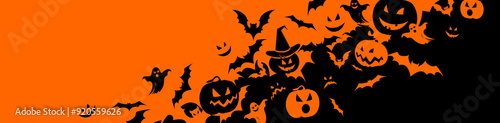 Halloween banner with black bats, pumpkins and ghosts on the orange background. Illustration with text.
