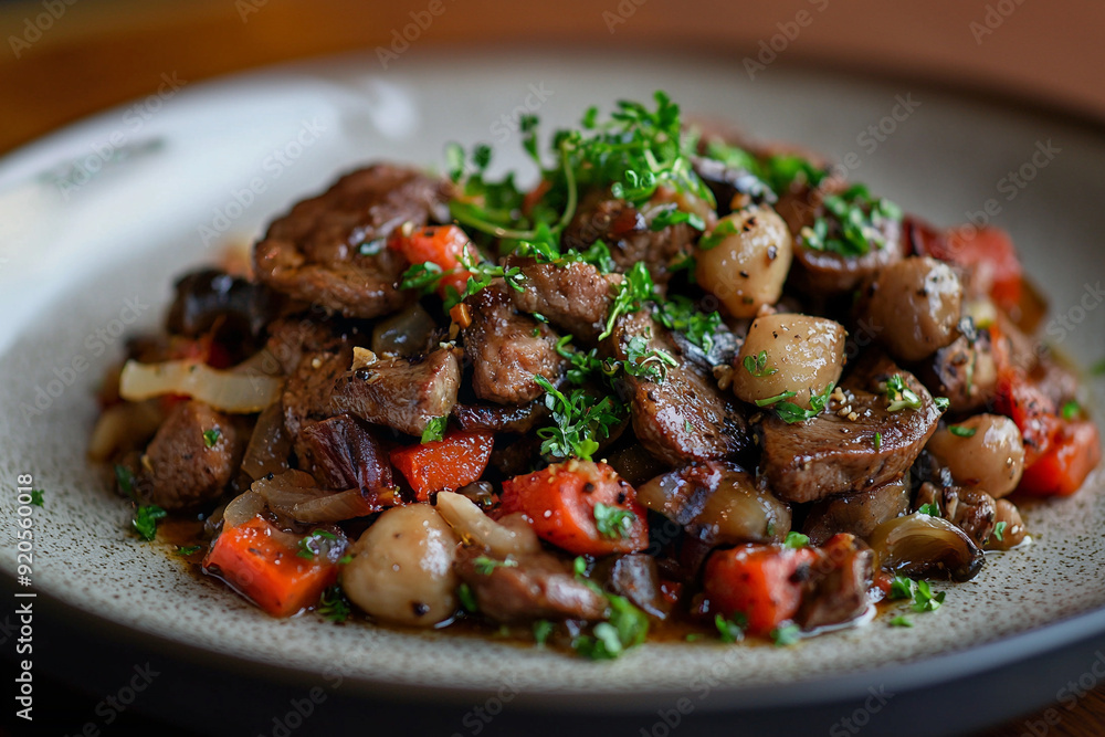 Savory Beef Stew presented on a ceramic plate. Savory Beef Stew presented on a ceramic plate.