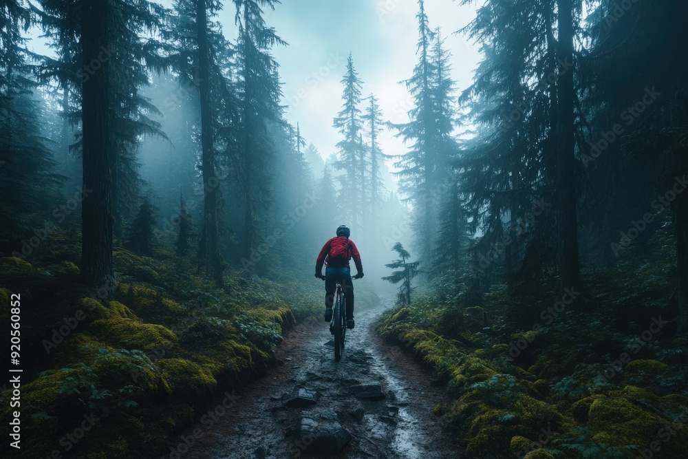 Obraz premium A mountain biker wearing a red jacket is seen biking through a foggy forest trail, capturing the mystic beauty, solitude, and adventurous spirit of forest exploration.