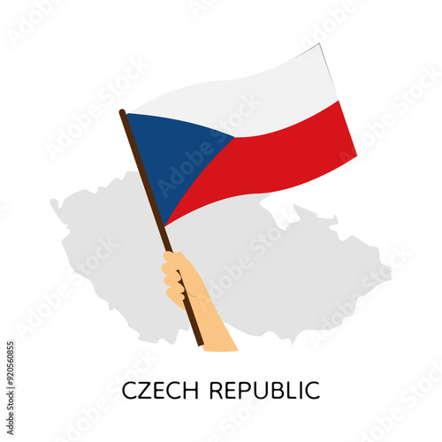 Hand holding and waving the national flag of Czech Republic on a map background