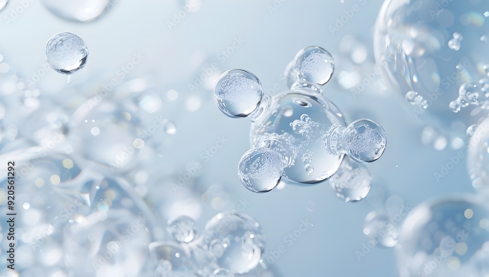A close-up of water molecules in an abstract representation, with each one surrounded by clear glass spheres that form a pattern resembling carbon particles and structures on a light blue background A close-up of water molecules in an abstract representation, with each one surrounded by clear glass spheres that form a pattern resembling carbon particles and structures on a light blue background