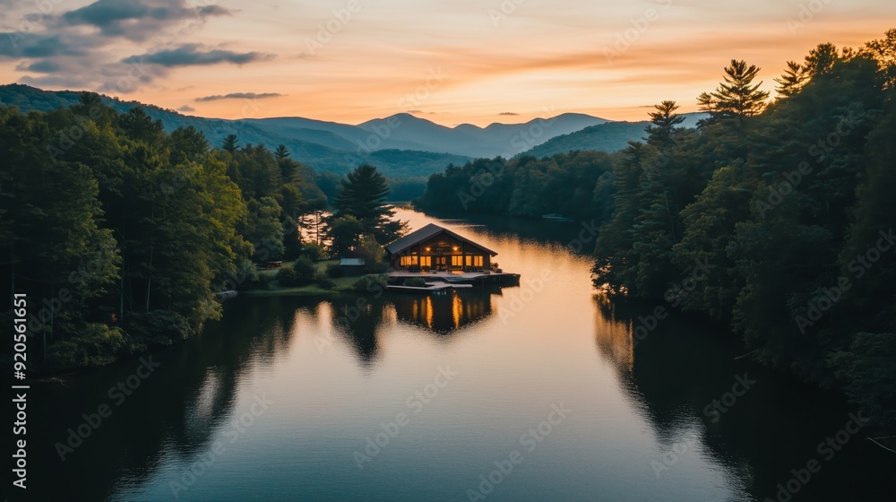 Fototapeta premium A cabin is on a lake surrounded by trees. The cabin is wooden and has a porch. The lake is calm and peaceful.
