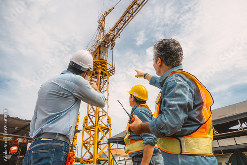 Professional construction engineer workers team working together control operating Crane tower at building project construction site. photo