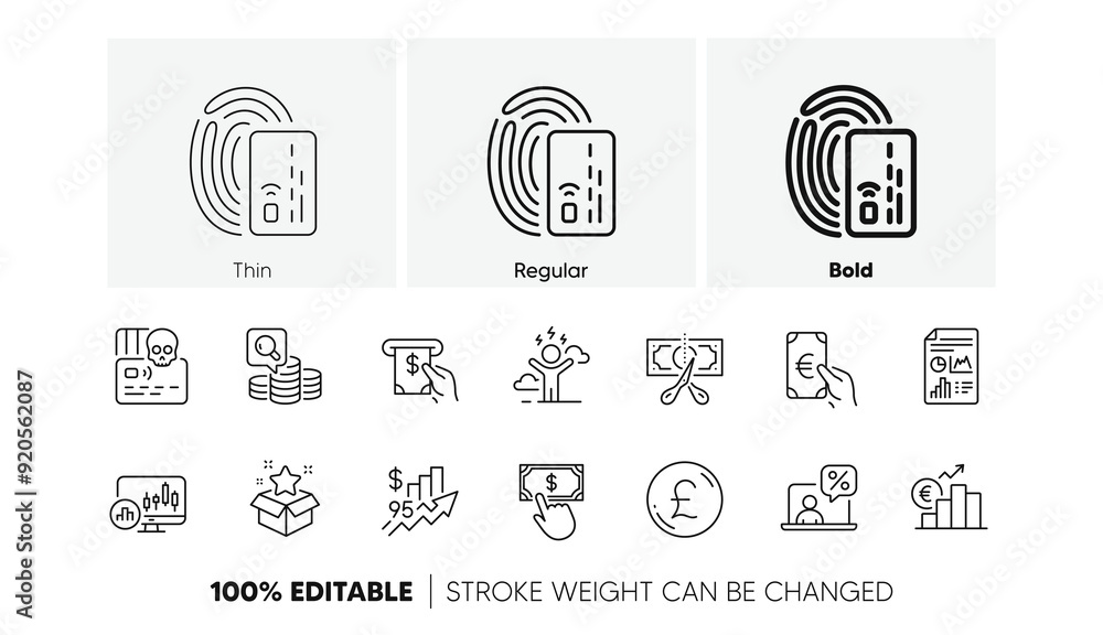 Cut tax, Report document and Difficult stress line icons. Pack of Payment click, Inspect, Pound money icon. Candlestick chart, Euro rate, Rise price pictogram. Loyalty program. Line icons. Vector Cut tax, Report document and Difficult stress line icons. Pack of Payment click, Inspect, Pound money icon. Candlestick chart, Euro rate, Rise price pictogram. Loyalty program. Line icons. Vector
