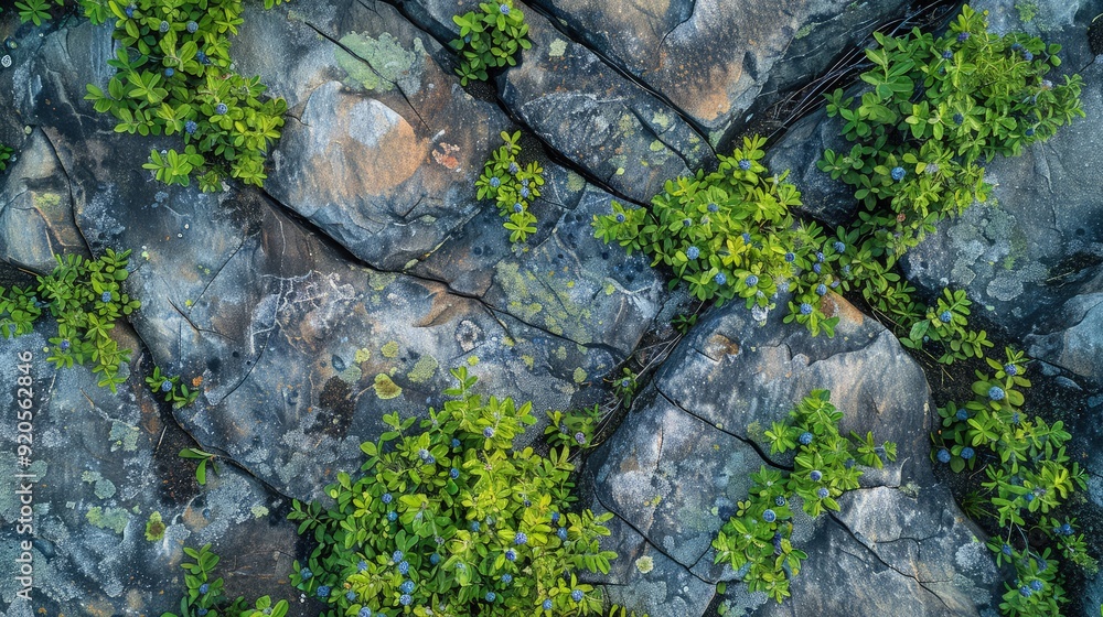 Obraz premium An aerial view of a blueberry field, highlighting the striking contrast between the soft bush foliage and the hard granite outcrops.