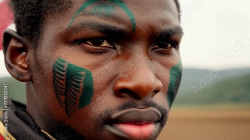 A closeup of a passionate flag bearer their face adorned with war paint as they march fearlessly forward. photo