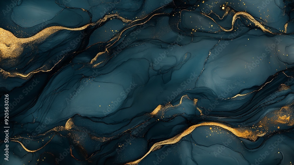 Obraz premium A background in alcohol ink technique, dark blue and golden