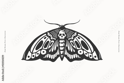 Black and white illustration of a moth with a skull motif on its body, embodying a gothic and eerie aesthetic. Ideal for tattoos, logos, or dark-themed art.