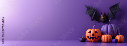 halloween jack o lantern pumpkin in witch hat with a spider. Isolated purple background, copy space for text. For LinkedIn, wallpaper, banner, design, blog, cover, social media, youtube photo