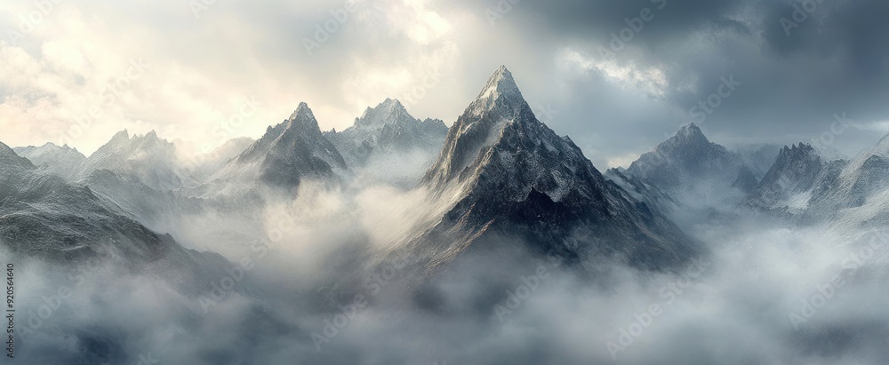 Majestic Snowy Mountain Peaks Emerging From Misty Clouds Majestic Snowy Mountain Peaks Emerging From Misty Clouds