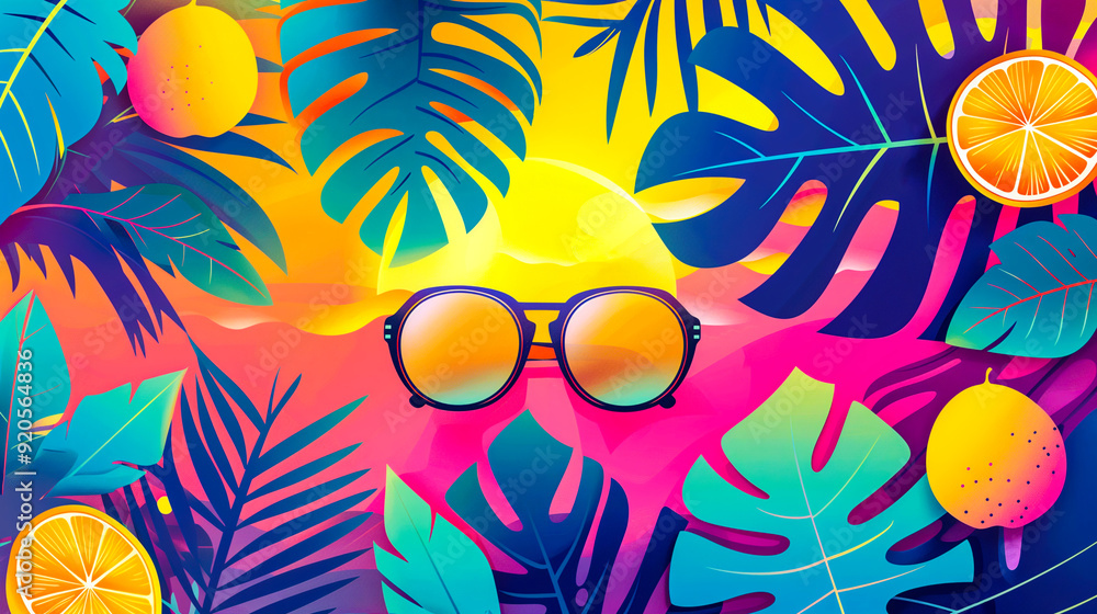 Naklejka premium Colorful tropical retro summer illustration with sunglasses, fruits, and leaves
