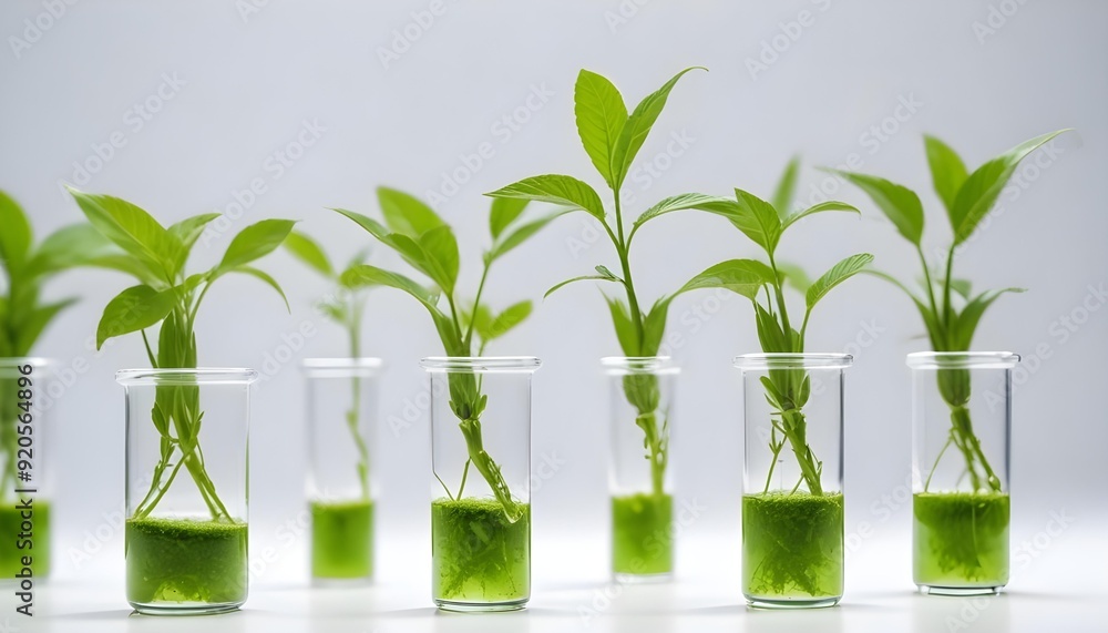 Green tech biology, Green fresh plants in glass test tube in laboratory setting Green tech biology, Green fresh plants in glass test tube in laboratory setting